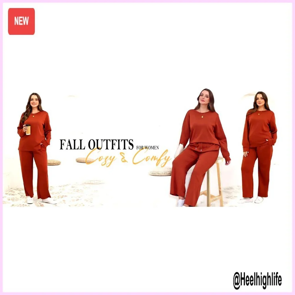 Women's Medium 2-Piece Lounge Set, Long Sleeve Crew Neck & Wide Leg Pants